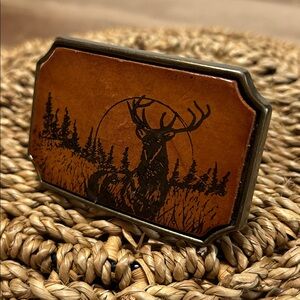 VTG Buck Wildlife Scene Belt Buckle Brass Leather Brown 80’s Handmade Outdoors